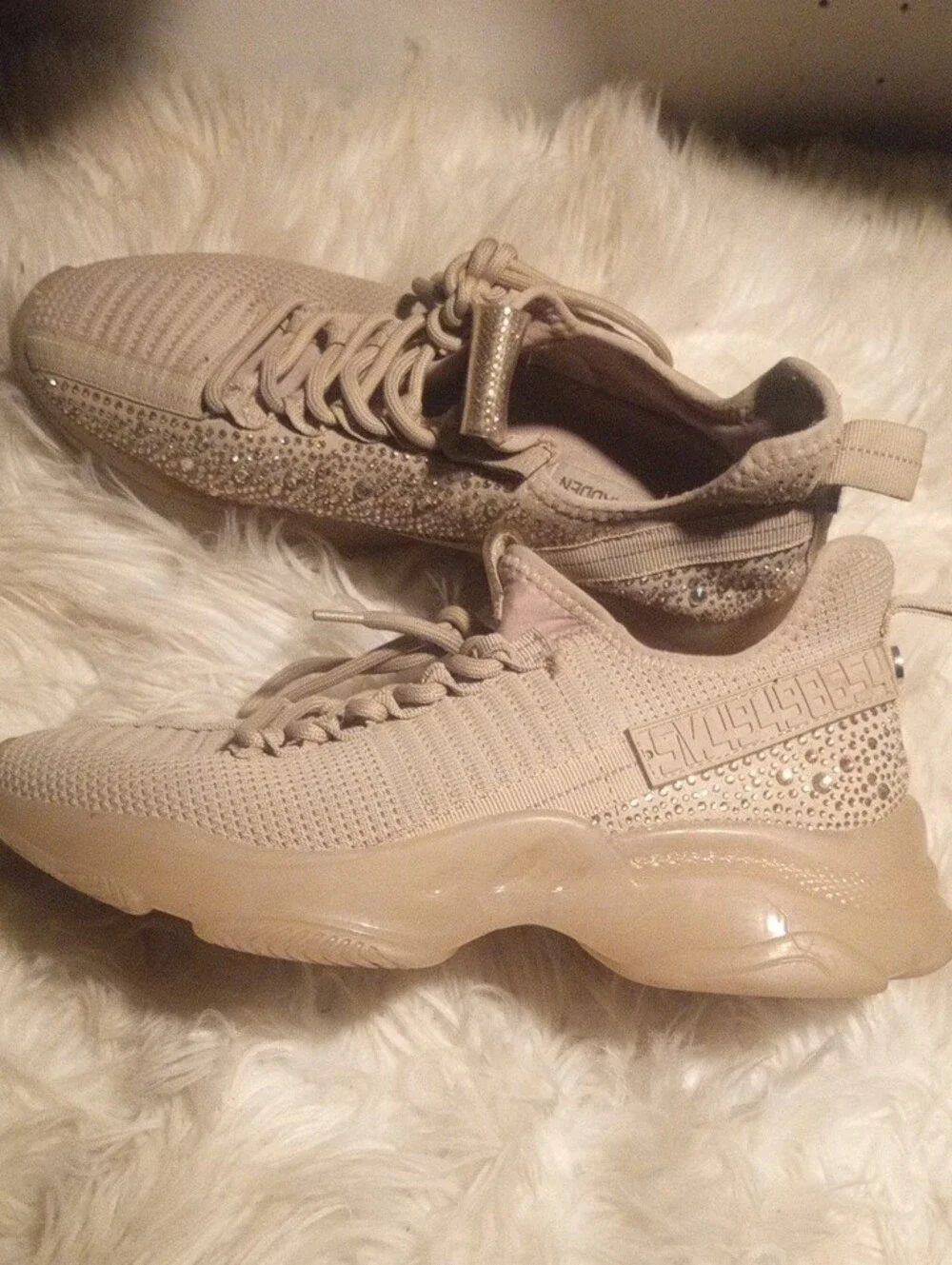 Steve Madden Beige Knit Sneaker with Rhinestone Accent